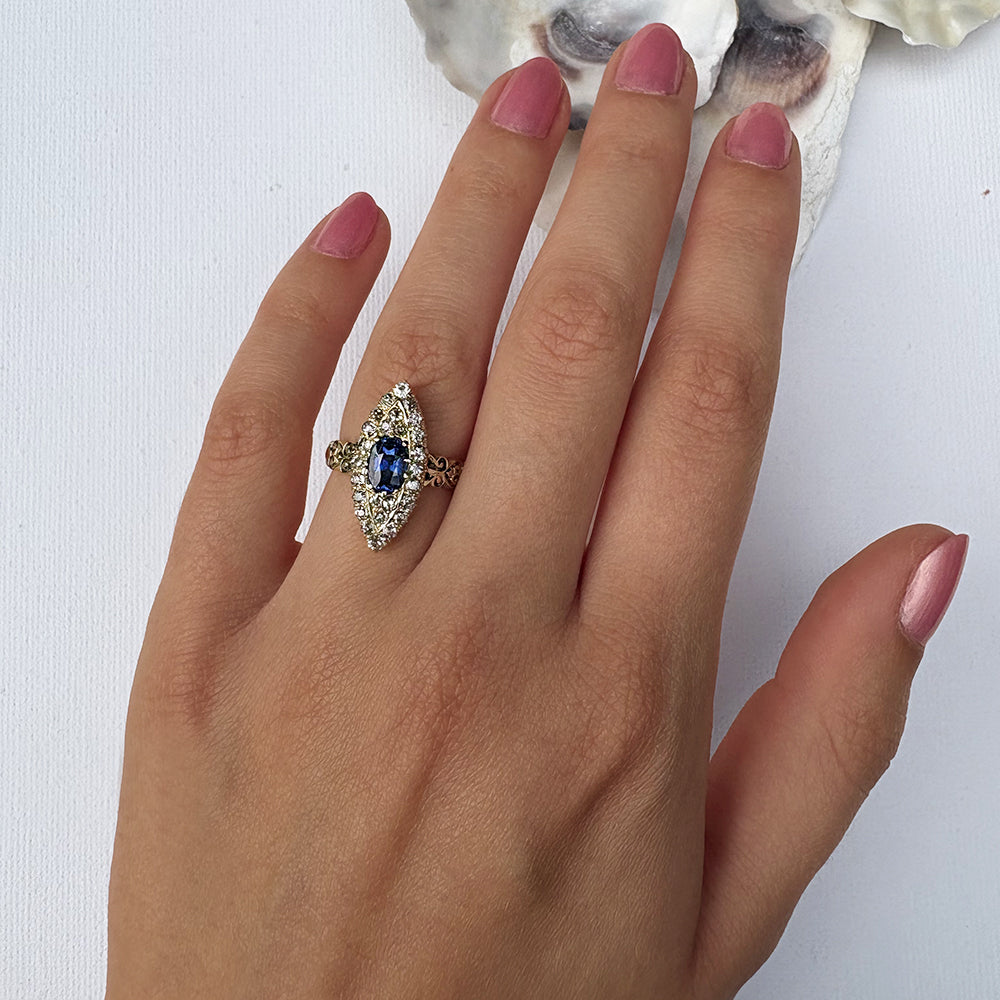 Vintage 1ct Sapphire & 0.75ct Diamond Marquise Cluster Ring