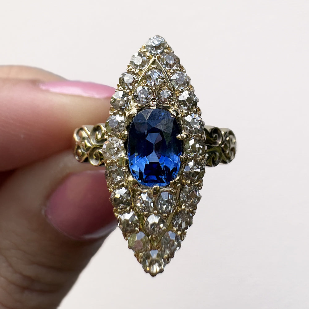 Vintage 1ct Sapphire & 0.75ct Diamond Marquise Cluster Ring