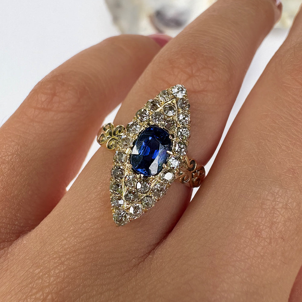Vintage 1ct Sapphire & 0.75ct Diamond Marquise Cluster Ring