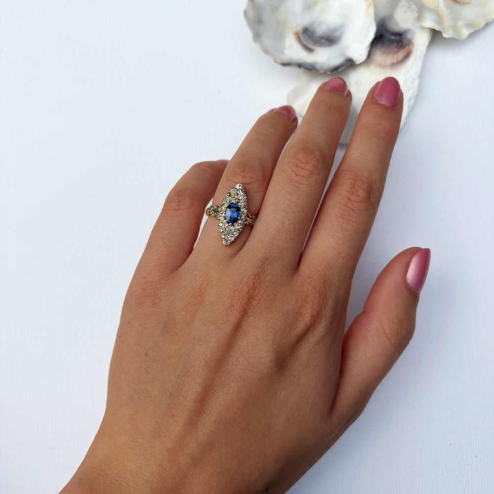 Vintage 1ct Sapphire & 0.75ct Diamond Marquise Cluster Ring