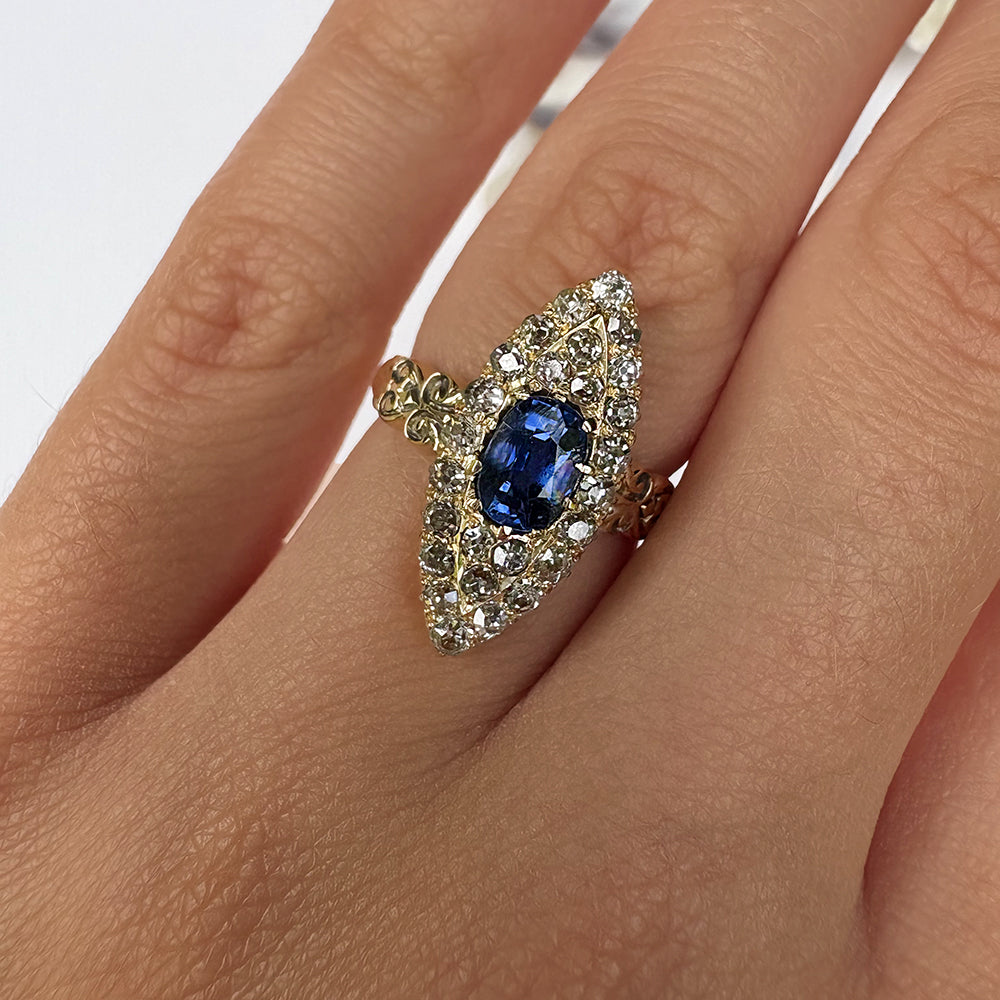 Vintage 1ct Sapphire & 0.75ct Diamond Marquise Cluster Ring