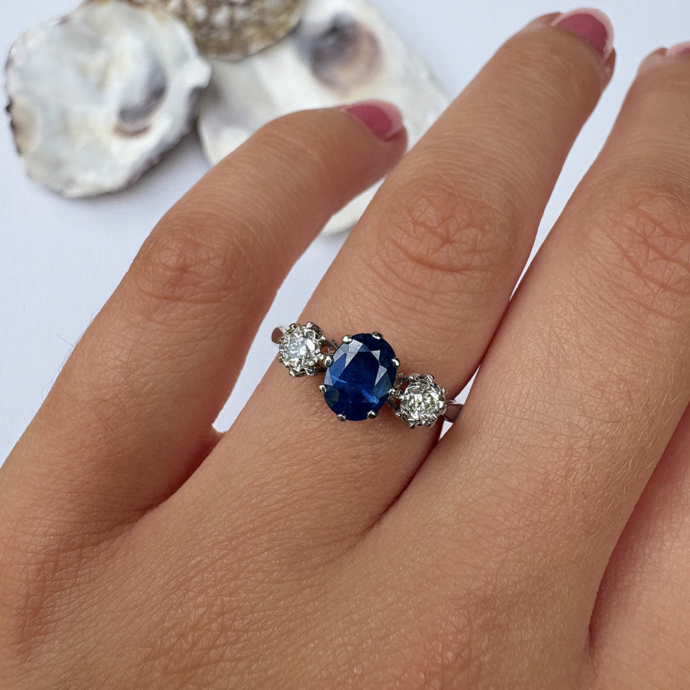 Vintage Platinum 1.50ct Sapphire & 0.30ct Diamond Trilogy Ring