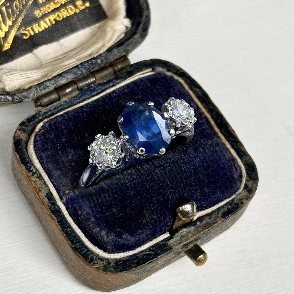 Vintage Platinum 1.50ct Sapphire & 0.30ct Diamond Trilogy Ring