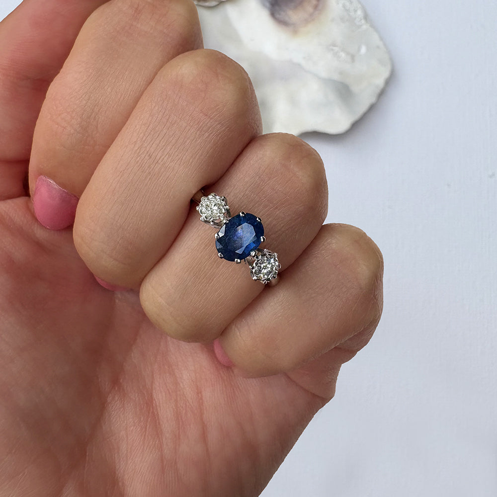 Vintage Platinum 1.50ct Sapphire & 0.30ct Diamond Trilogy Ring