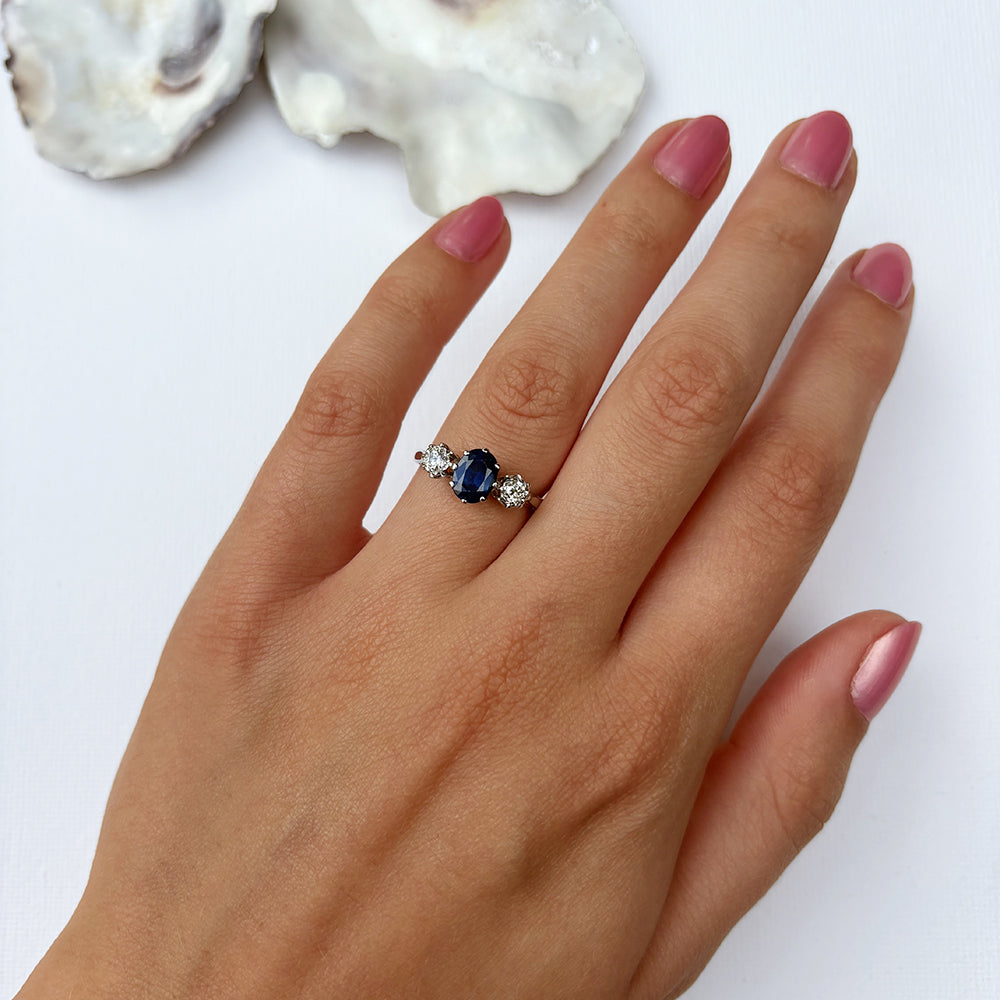 Vintage Platinum 1.50ct Sapphire & 0.30ct Diamond Trilogy Ring
