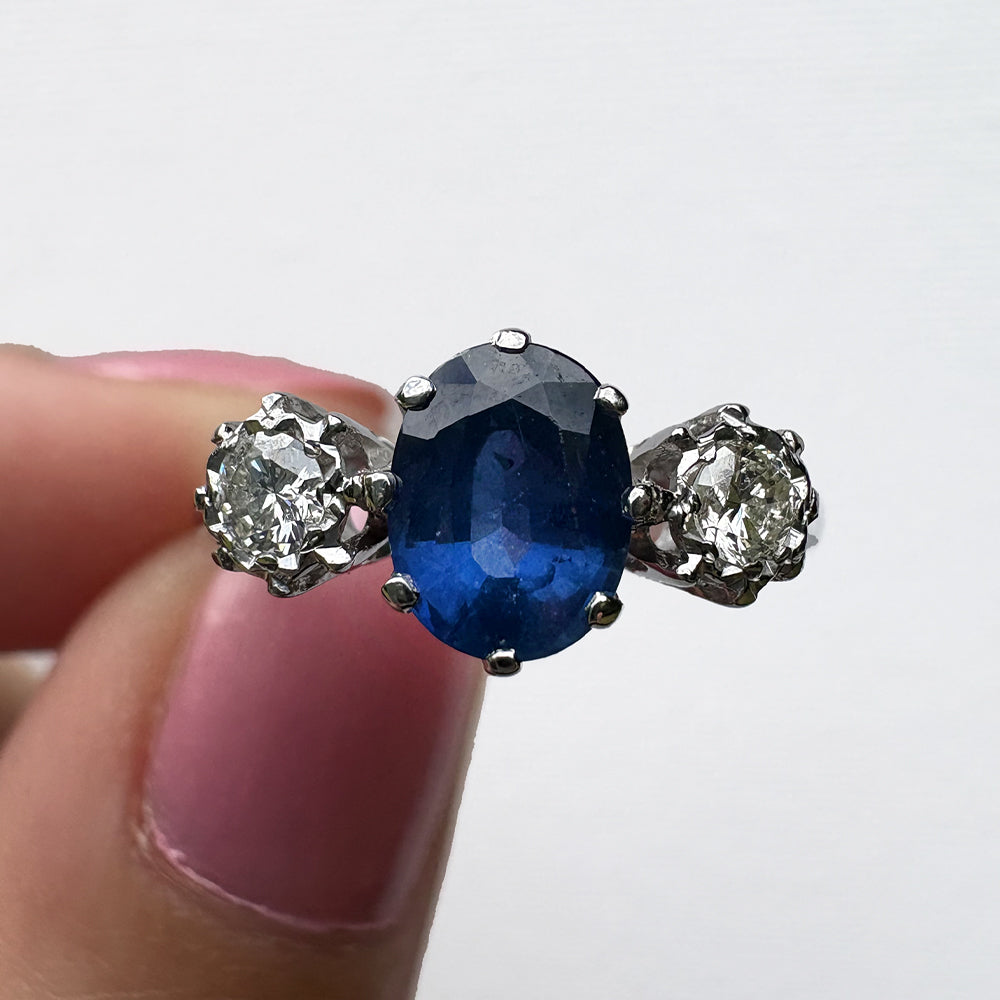 Vintage Platinum 1.50ct Sapphire & 0.30ct Diamond Trilogy Ring