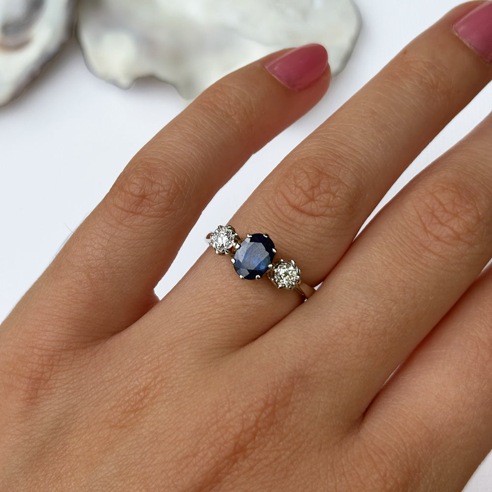 Vintage Platinum 1.50ct Sapphire & 0.30ct Diamond Trilogy Ring