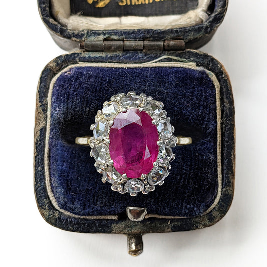Antique 2ct Ruby & 0.50ct Rose Cut Diamond Cluster Ring