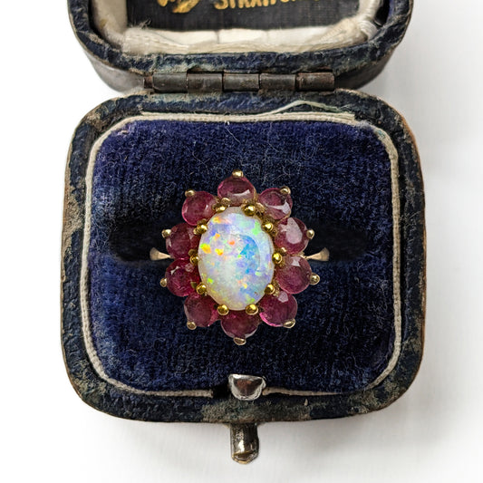 c1980's Vintage Opal & Garnet Floral Cluster Ring