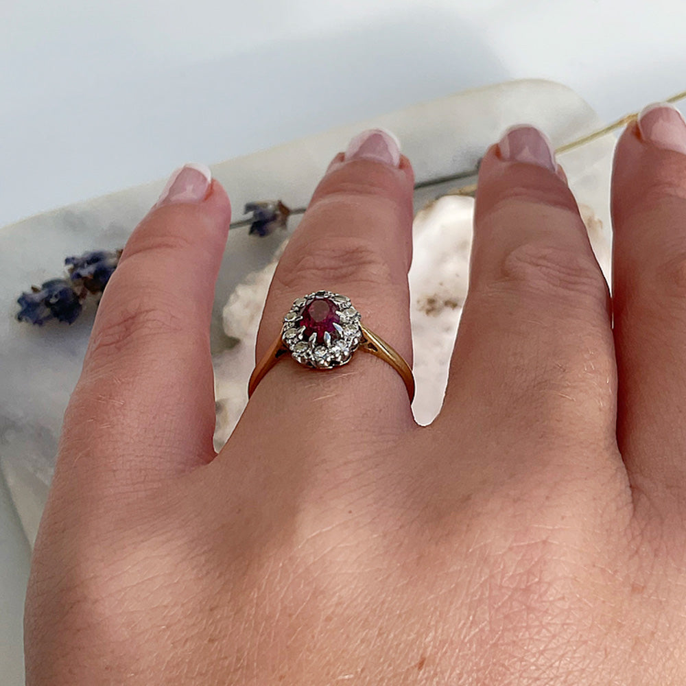 c1970’s Vintage Ruby & Diamond Oval Cluster Ring