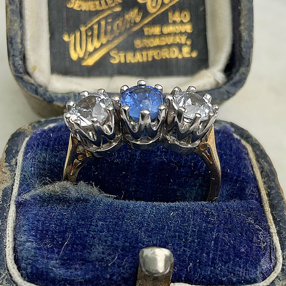 c1990’s Vintage Blue & Clear Sapphire Trilogy Ring