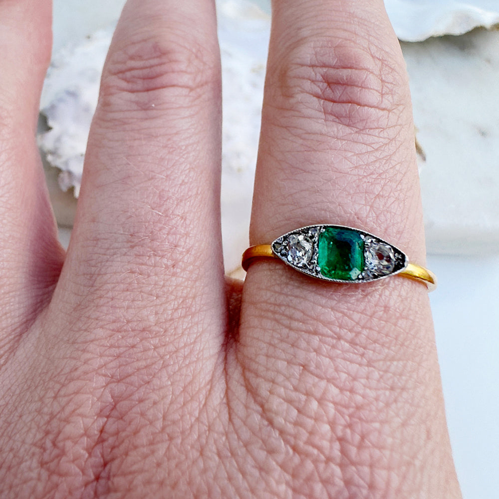 Antique Emerald & Diamond Three Stone Boat Ring