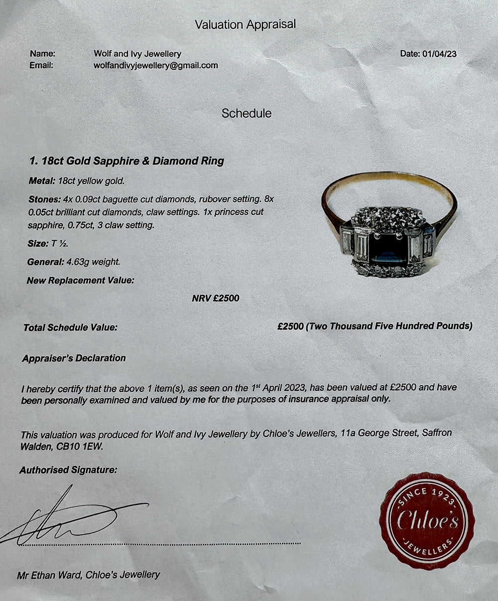 Vintage c1980 Sapphire & Diamond Art Deco Ring