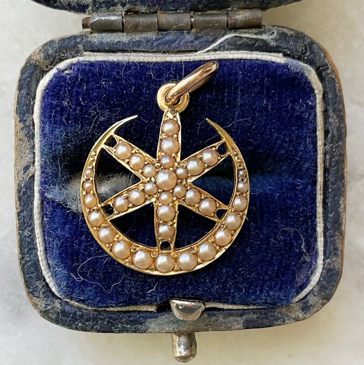 Edwardian Antique Gold Split Pearl Crescent Moon and Star Pendant