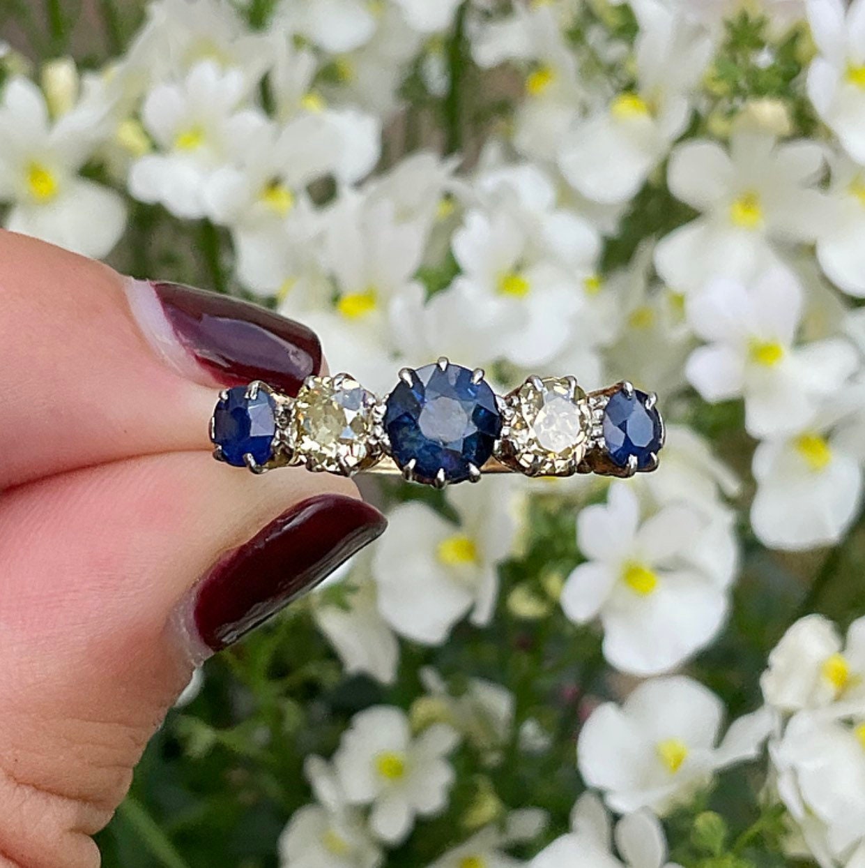 Early 20th Century Antique Sapphire & Diamond Five Stone Ring