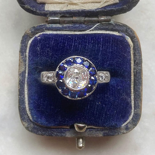 Edwardian Antique Diamond & Sapphire Target Engagement Ring