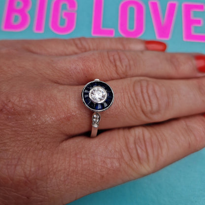 c1980’s Vintage Sapphire & Diamond Platinum Target Ring