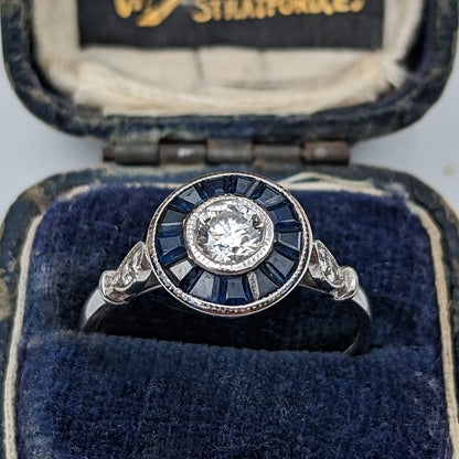 c1980’s Vintage Sapphire & Diamond Platinum Target Ring