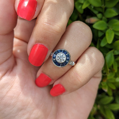 c1980’s Vintage Sapphire & Diamond Platinum Target Ring