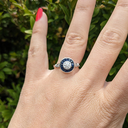 c1980’s Vintage Sapphire & Diamond Platinum Target Ring