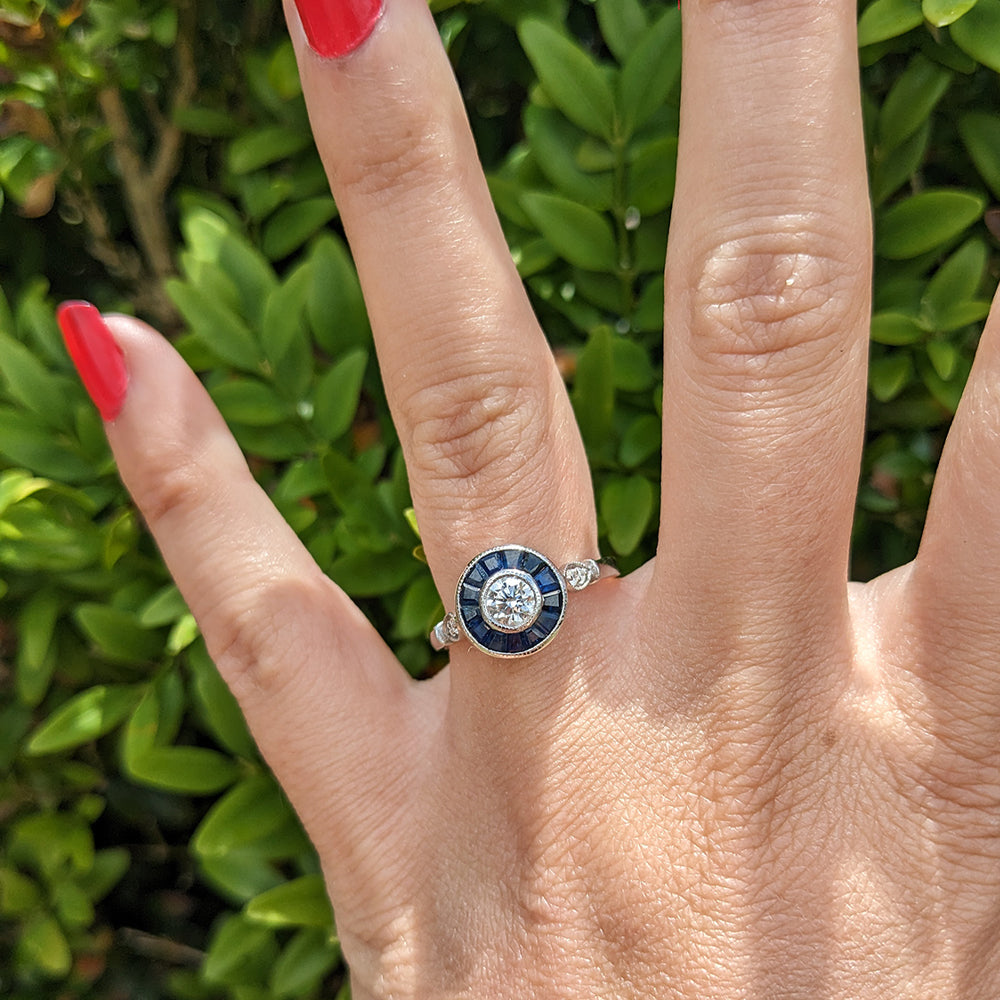 c1980’s Vintage Sapphire & Diamond Platinum Target Ring