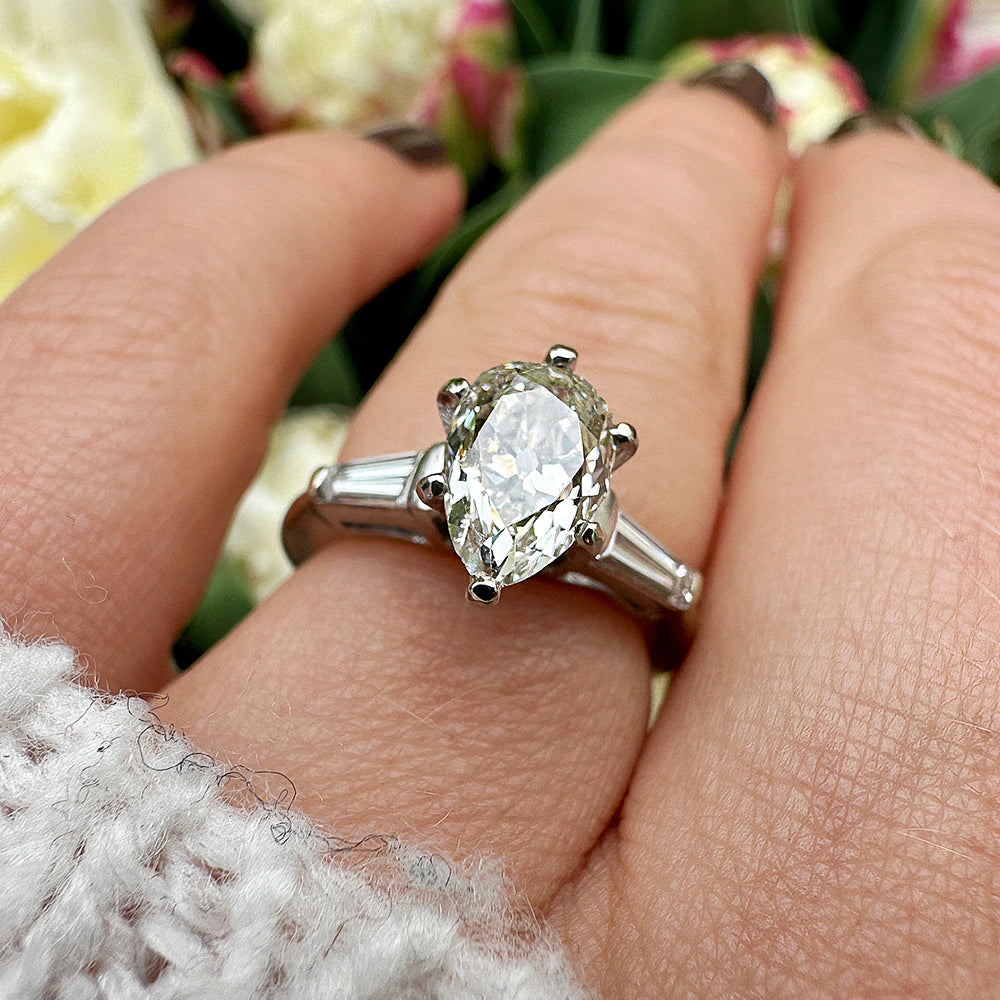 Vintage Pear & Baguette Cut Diamond Trilogy Engagement Ring