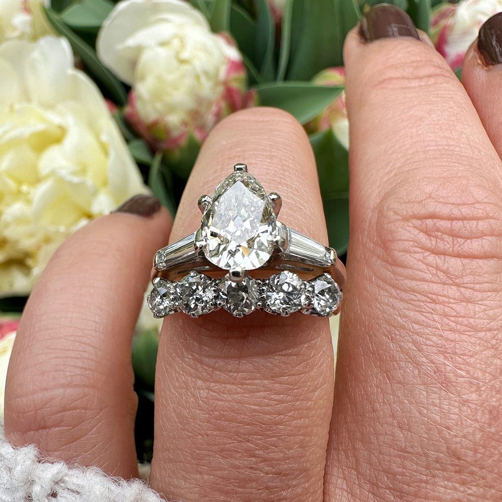 Vintage Pear & Baguette Cut Diamond Trilogy Engagement Ring