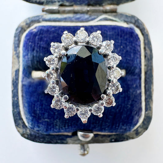 Vintage 1980 Sapphire & Diamond Cluster Ring
