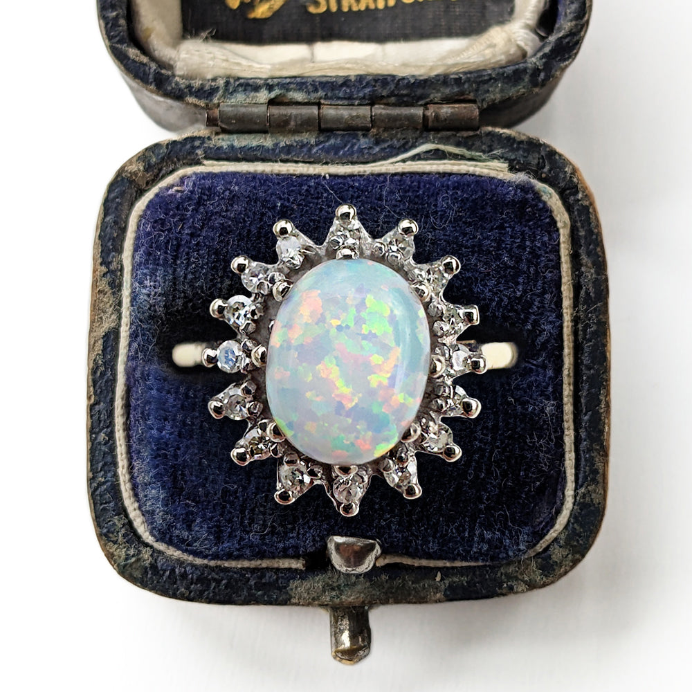 1976 Vintage Opal & Diamond Cluster Ring