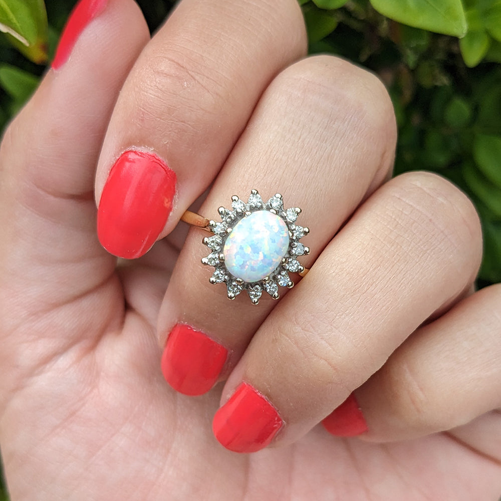 1976 Vintage Opal & Diamond Cluster Ring