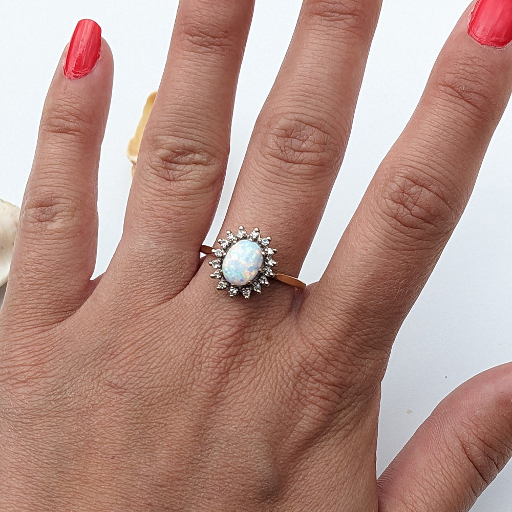 1976 Vintage Opal & Diamond Cluster Ring