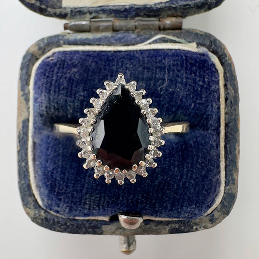 1989 Vintage Pear Cut Sapphire & Diamond Cluster Ring