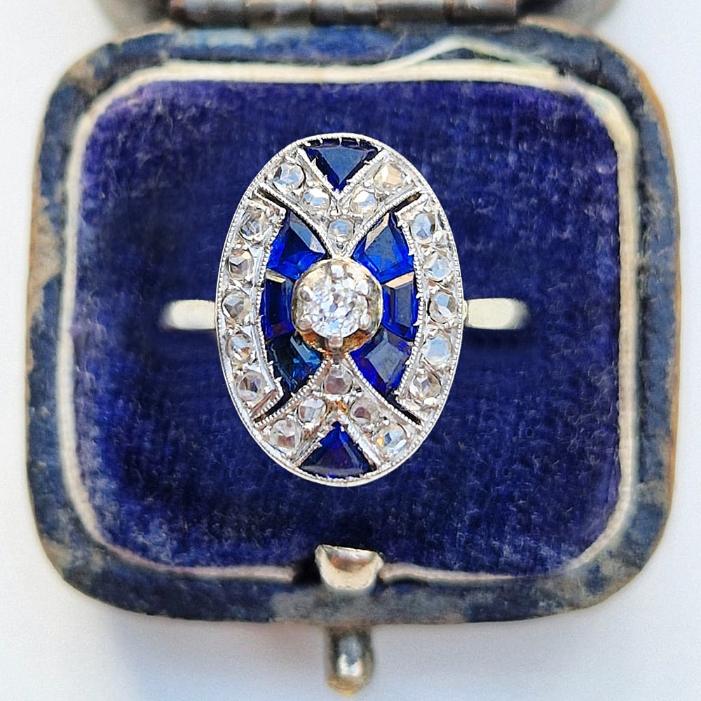 c1930's Art Deco Sapphire & Diamond Cluster Ring