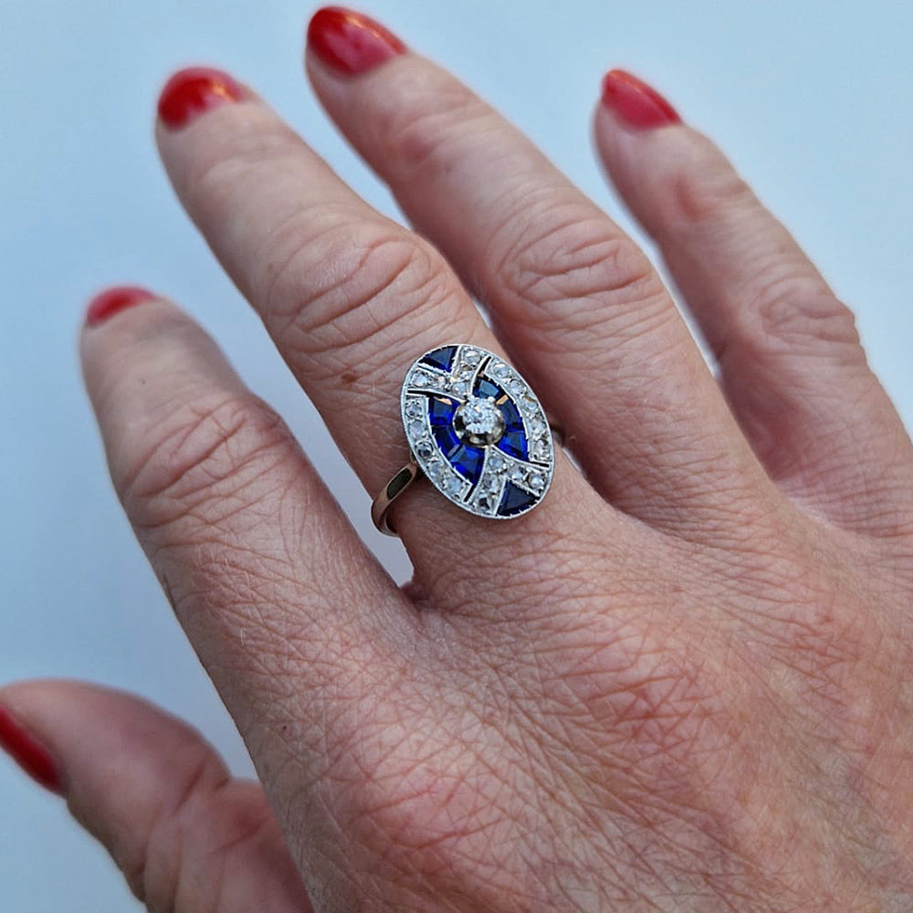 c1930's Art Deco Sapphire & Diamond Cluster Ring