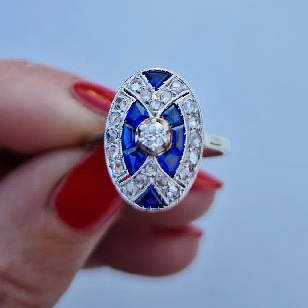 c1930's Art Deco Sapphire & Diamond Cluster Ring