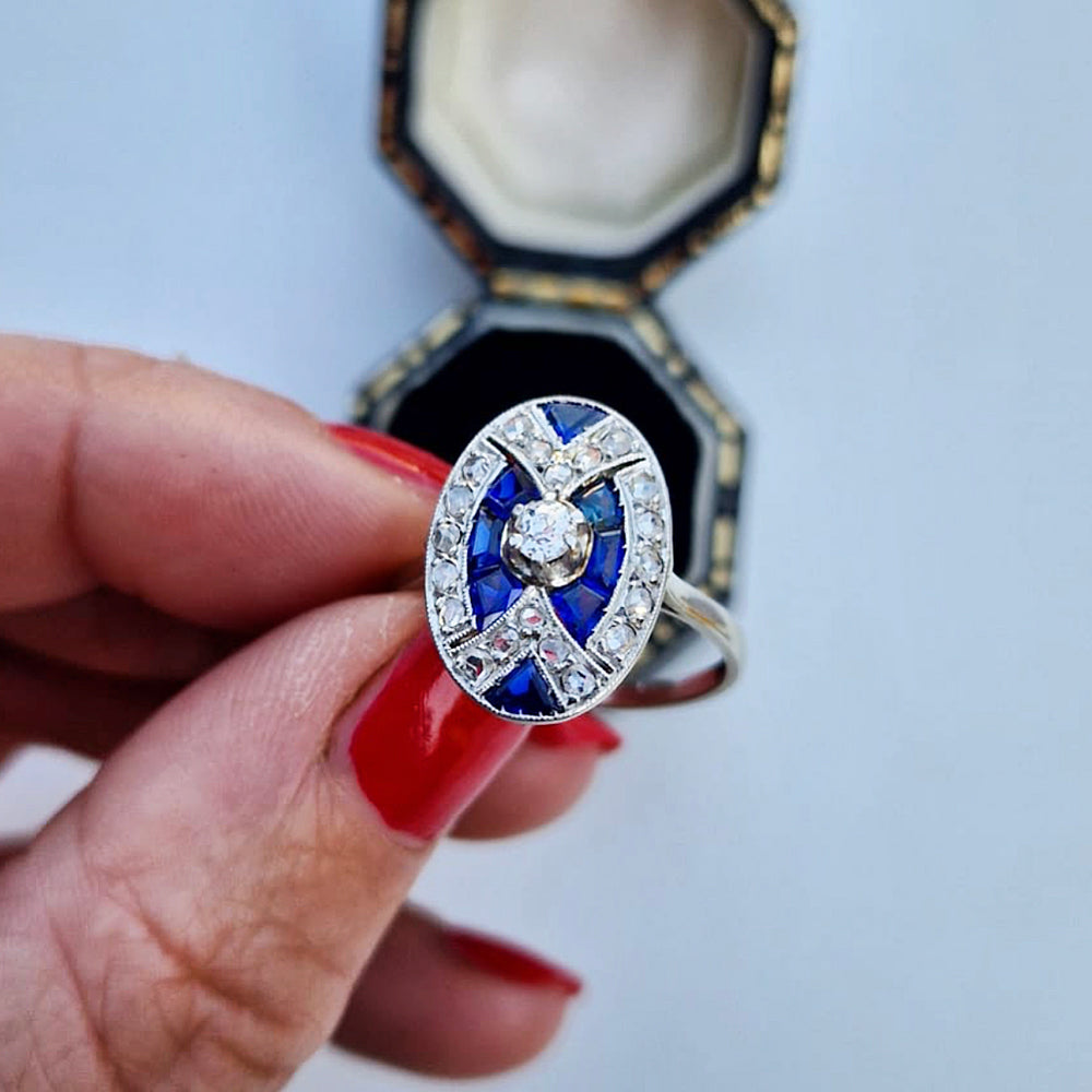 c1930's Art Deco Sapphire & Diamond Cluster Ring