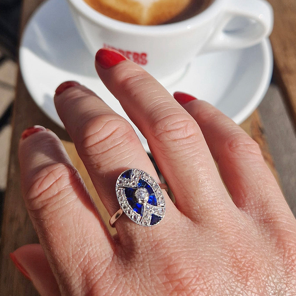 c1930's Art Deco Sapphire & Diamond Cluster Ring