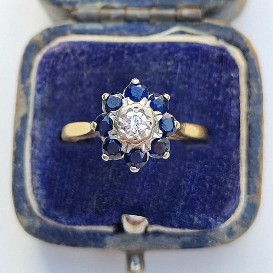 1970 Vintage Floral Sapphire & Diamond Cluster Ring
