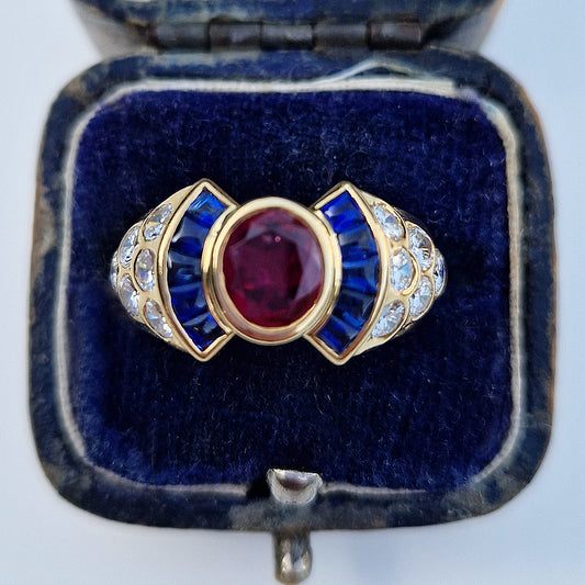 Art Deco Vintage Ruby, Sapphire & Diamond Ring