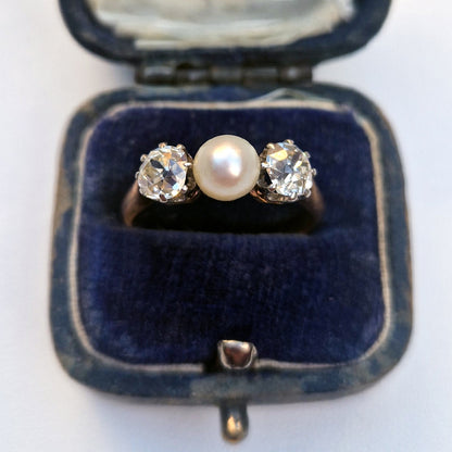 Antique Pearl & Old European Cut Diamond Trilogy Ring