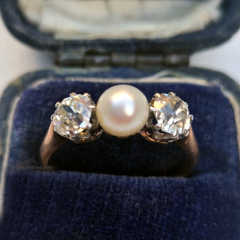 Antique Pearl & Old European Cut Diamond Trilogy Ring