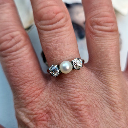 Antique Pearl & Old European Cut Diamond Trilogy Ring