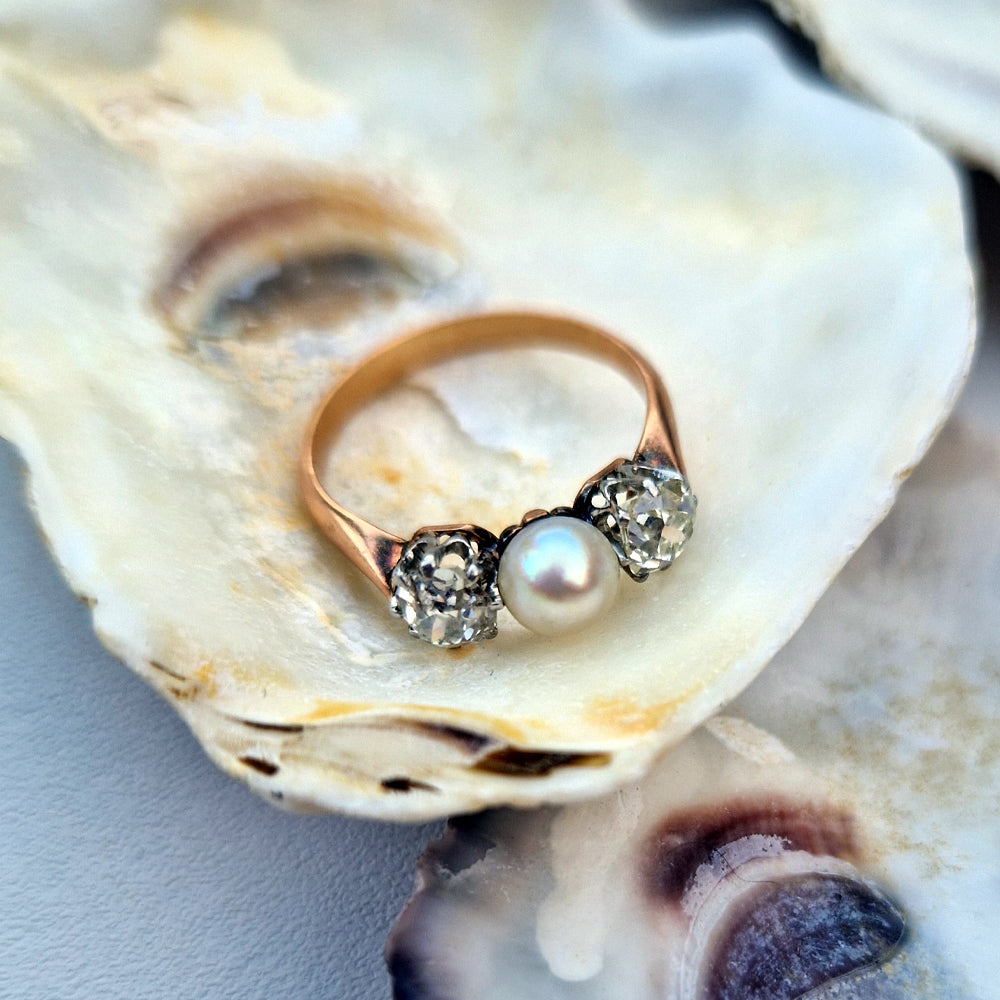 Antique Pearl & Old European Cut Diamond Trilogy Ring