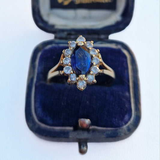 Vintage Marquise Cut Sapphire & Diamond Cluster Ring