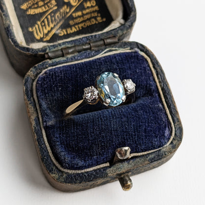 c1980's Vintage Aquamarine & Diamond Trilogy Ring