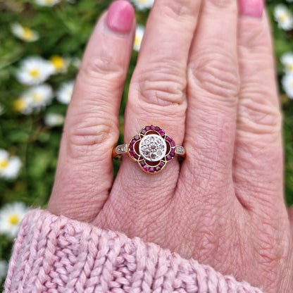 Vintage Ruby & Diamond Floral Cluster Ring