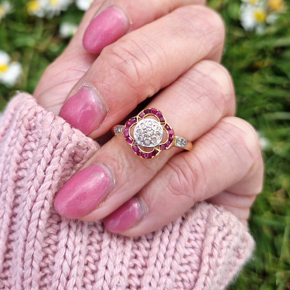 Vintage Ruby & Diamond Floral Cluster Ring