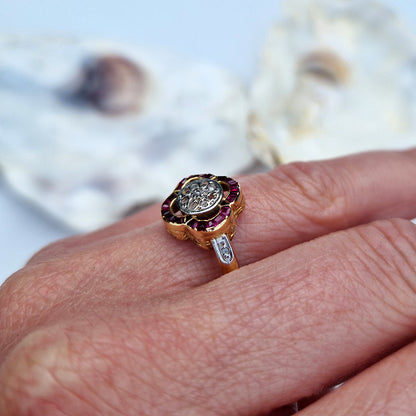 Vintage Ruby & Diamond Floral Cluster Ring