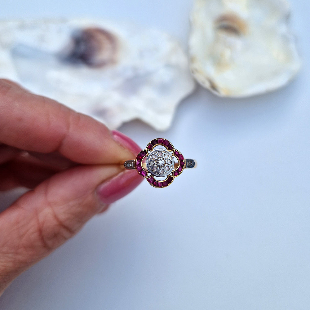 Vintage Ruby & Diamond Floral Cluster Ring