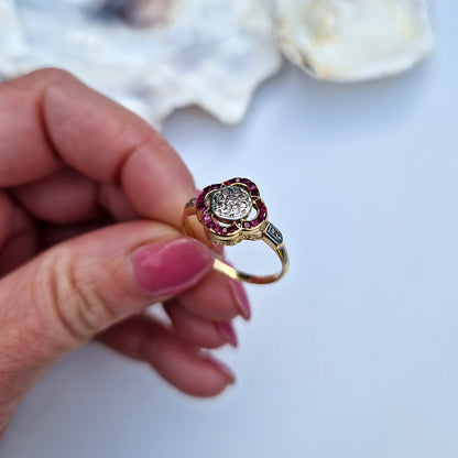 Vintage Ruby & Diamond Floral Cluster Ring